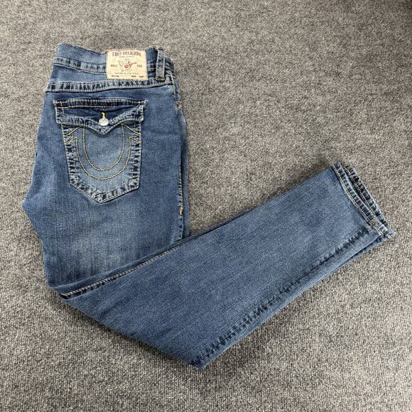 True Religion Jeans Men 40x32 Blue Rocco Relaxed Skinny 5 Pocket Embroidered Y2K - Picture 2 of 8